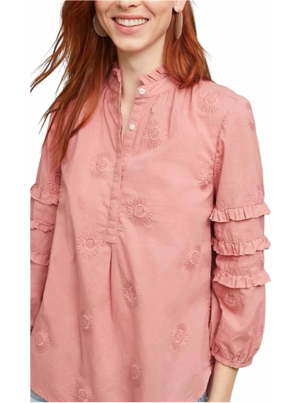 Anthropologie Isabella Sinclair Blouse Top Pink Embroidered Boho Ruffle small